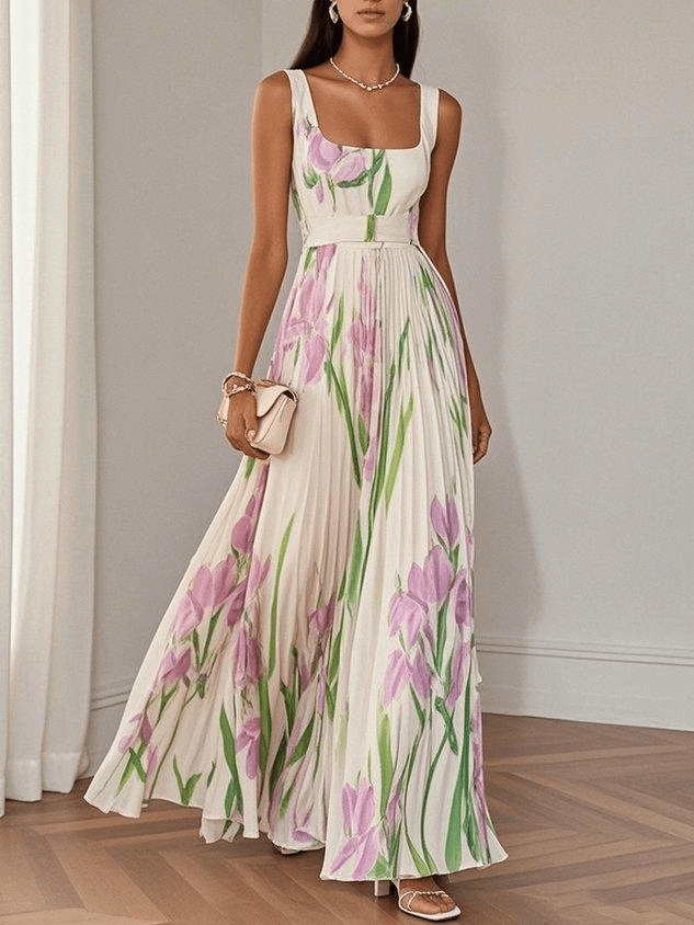 Elegant Floral A-Line Maxi Dress | Sleeveless Empire Waist - View 1