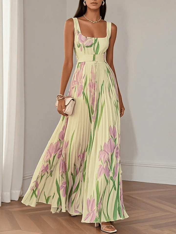 Elegant Floral A-Line Maxi Dress | Sleeveless Empire Waist - View 4