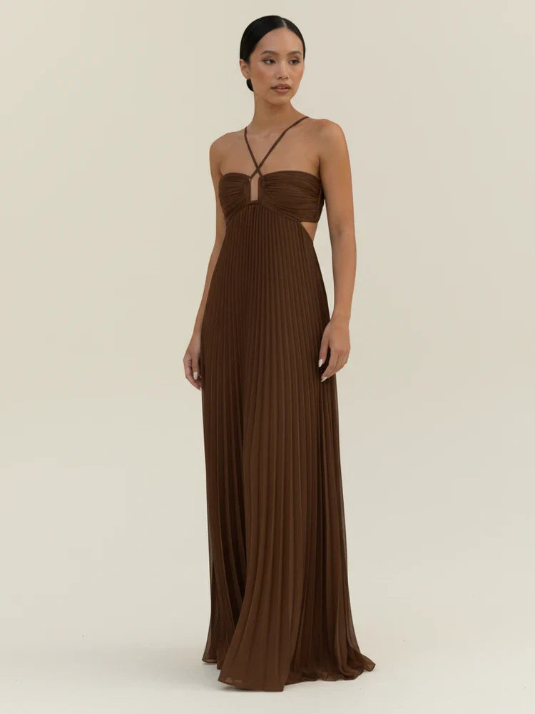 Halter Neck Pleated Maxi Dress | Elegant Backless Evening Gown - View 1