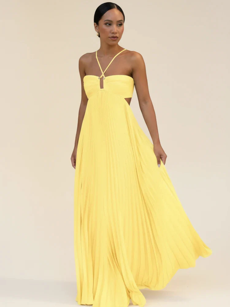 Halter Neck Pleated Maxi Dress | Elegant Backless Evening Gown - View 3