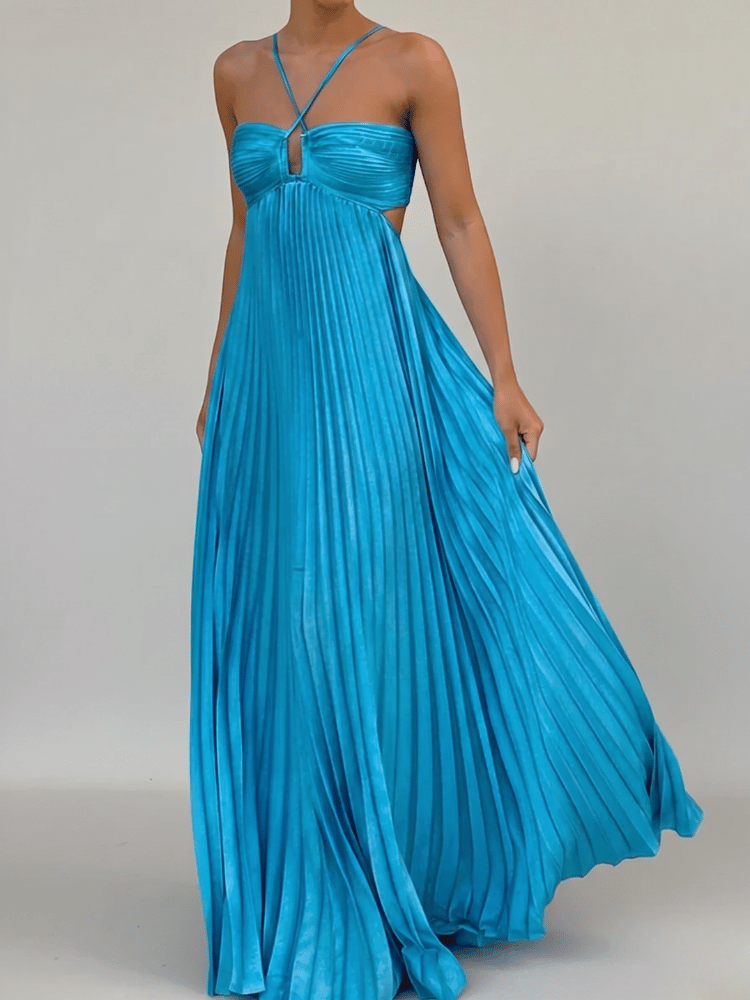 Halter Neck Pleated Maxi Dress | Elegant Backless Evening Gown - View 5