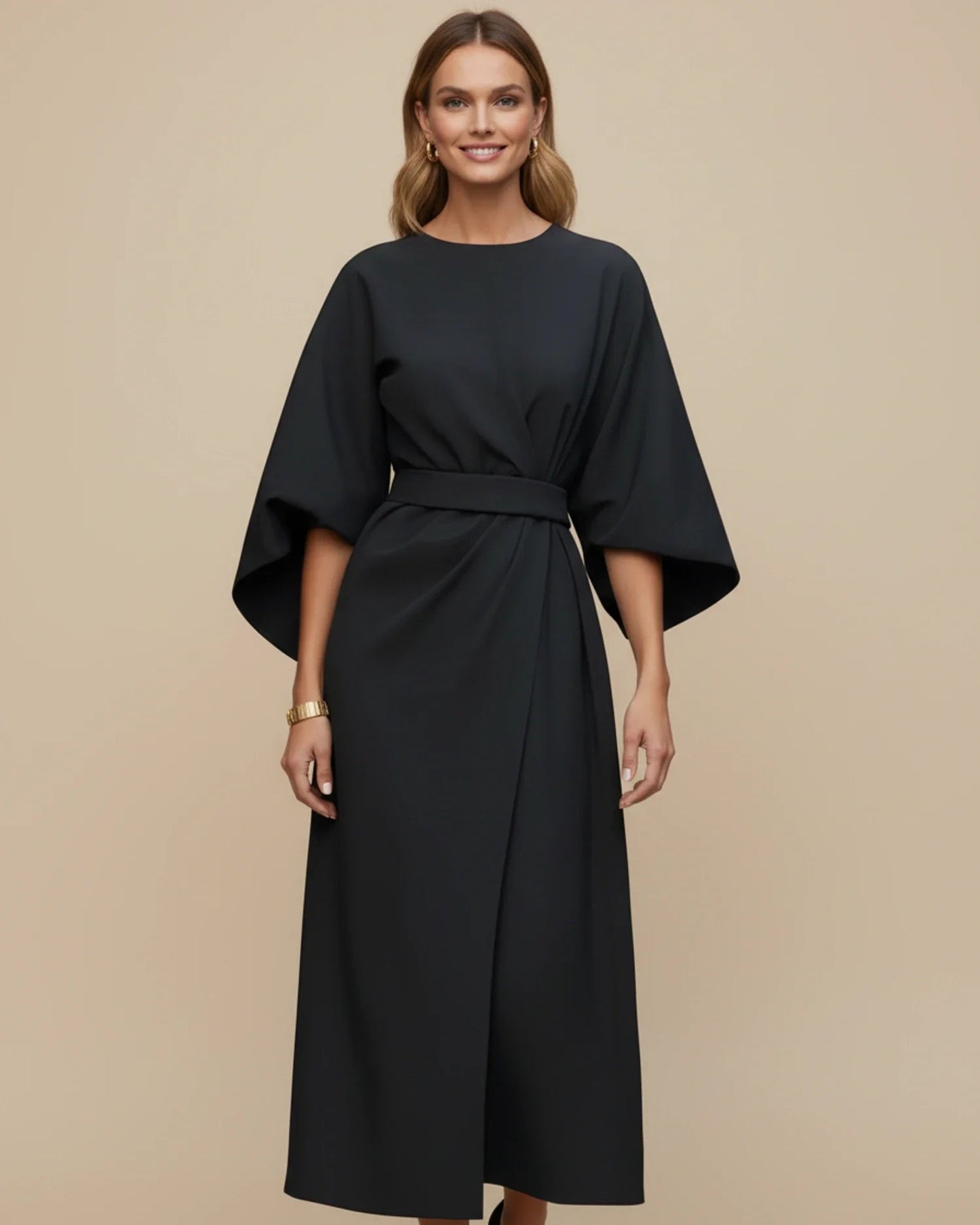 Black Balloon Sleeve Wrap Midi Dress | Elegant Evening Style - View 1