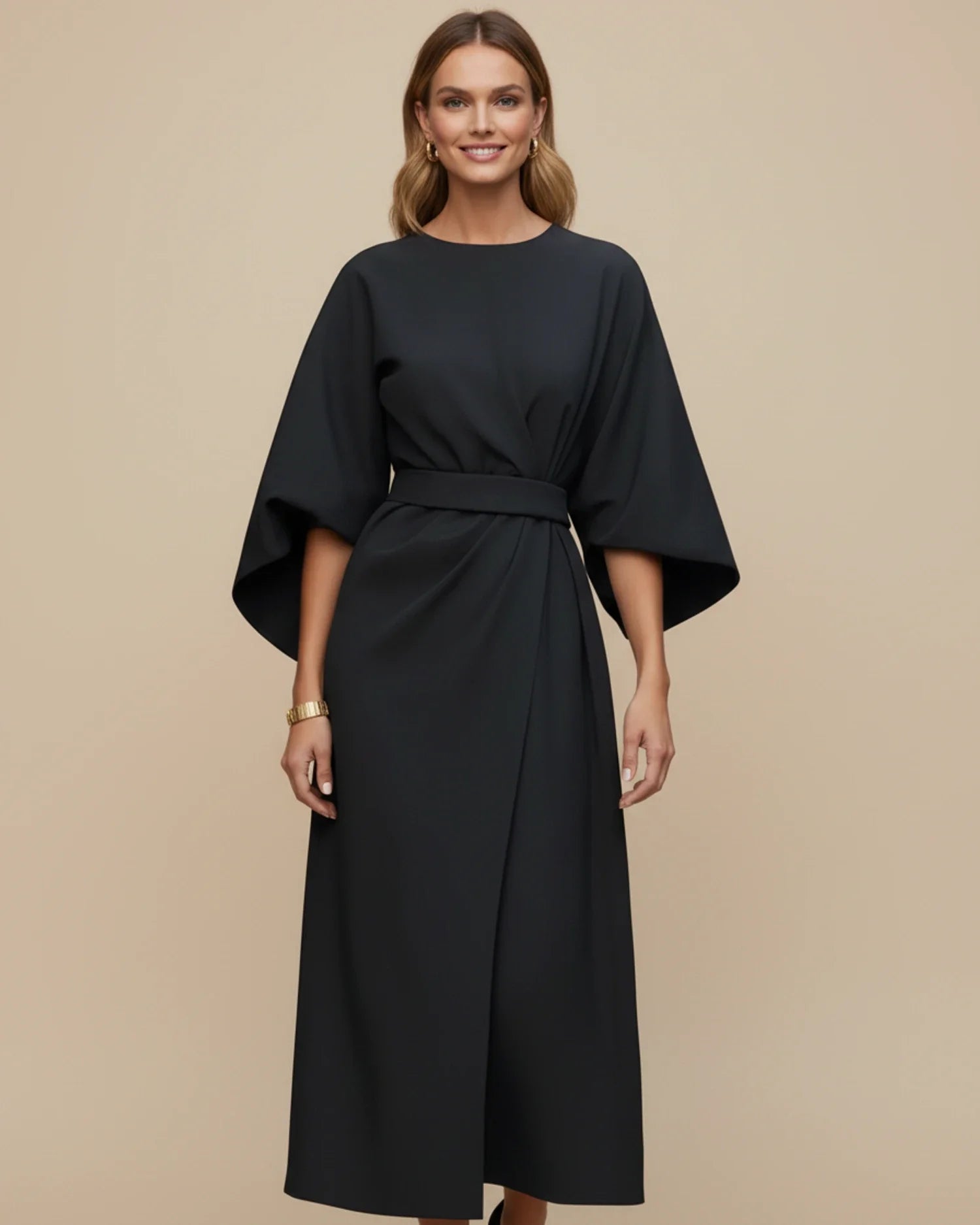 Black Balloon Sleeve Wrap Midi Dress | Elegant Evening Style - View 1