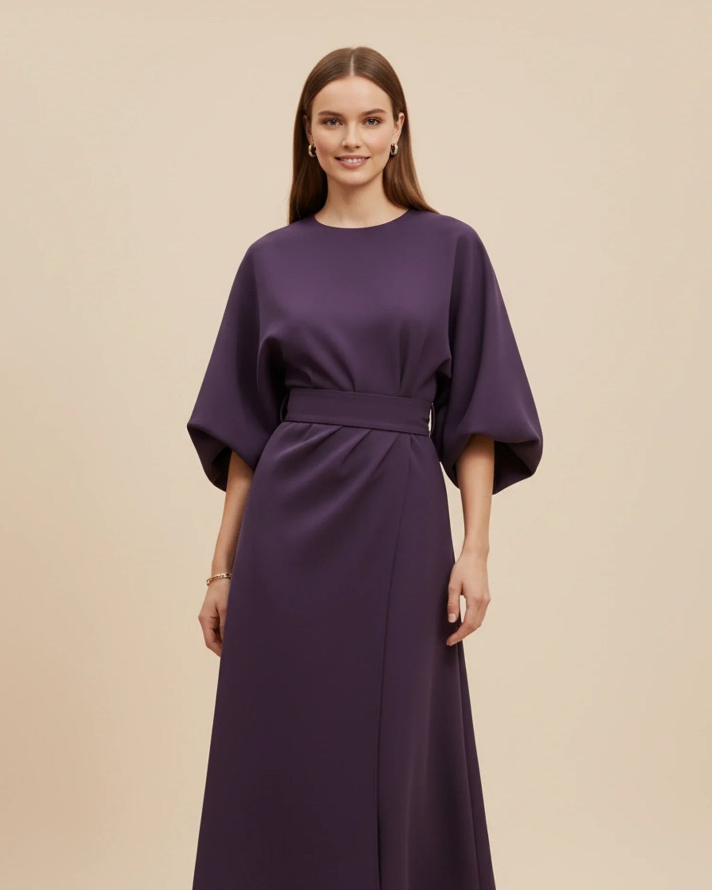 Black Balloon Sleeve Wrap Midi Dress | Elegant Evening Style - View 2