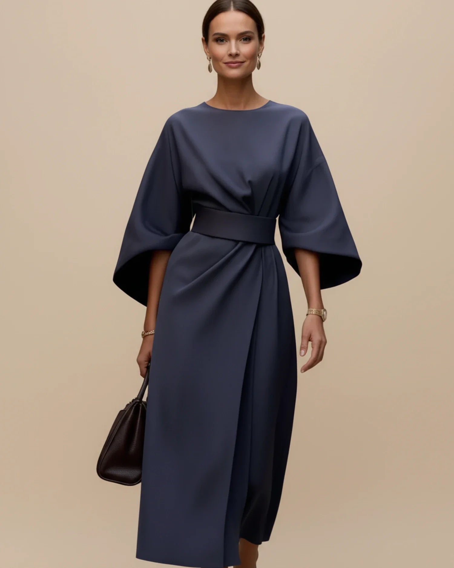Black Balloon Sleeve Wrap Midi Dress | Elegant Evening Style - View 3
