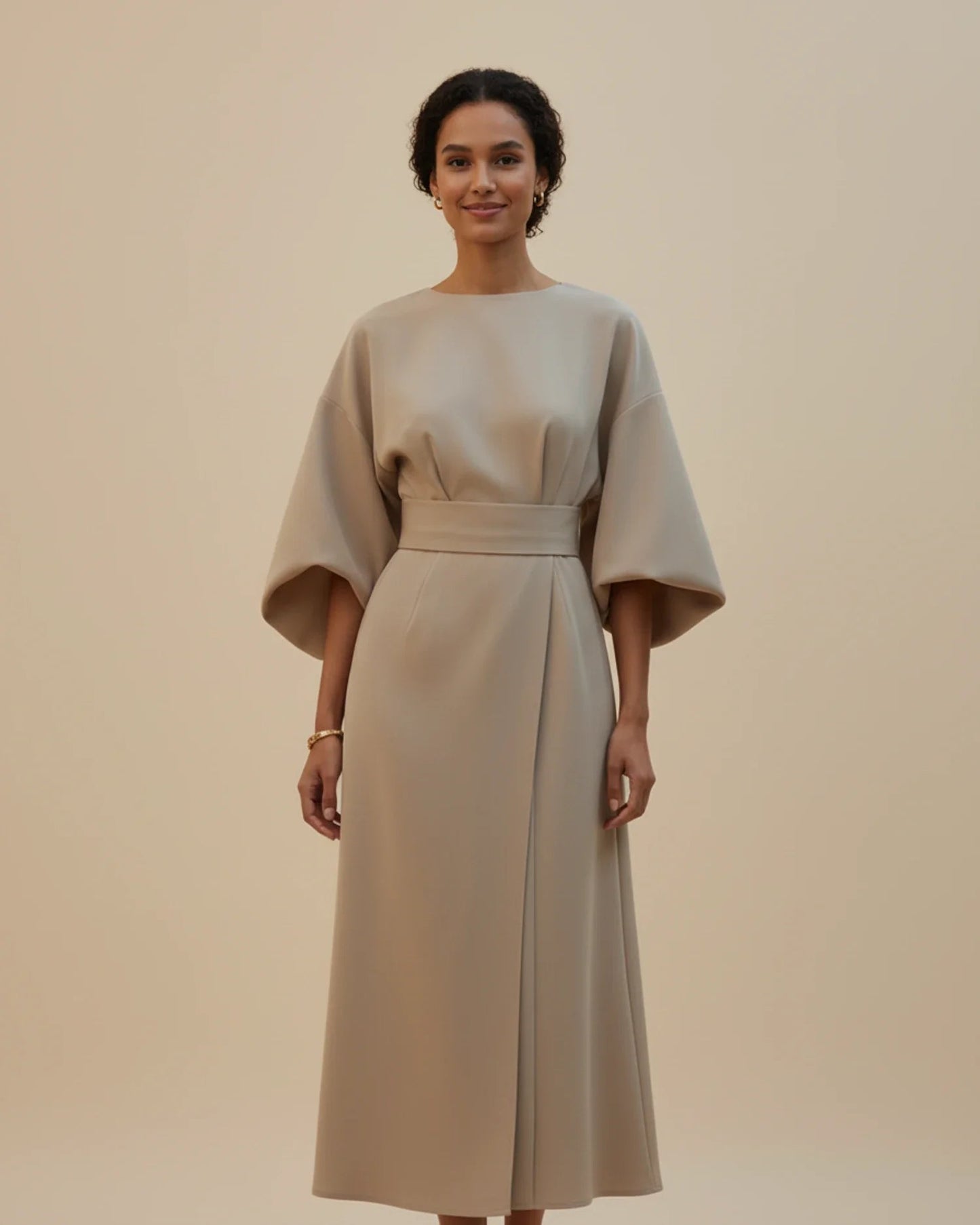 Black Balloon Sleeve Wrap Midi Dress | Elegant Evening Style - View 4