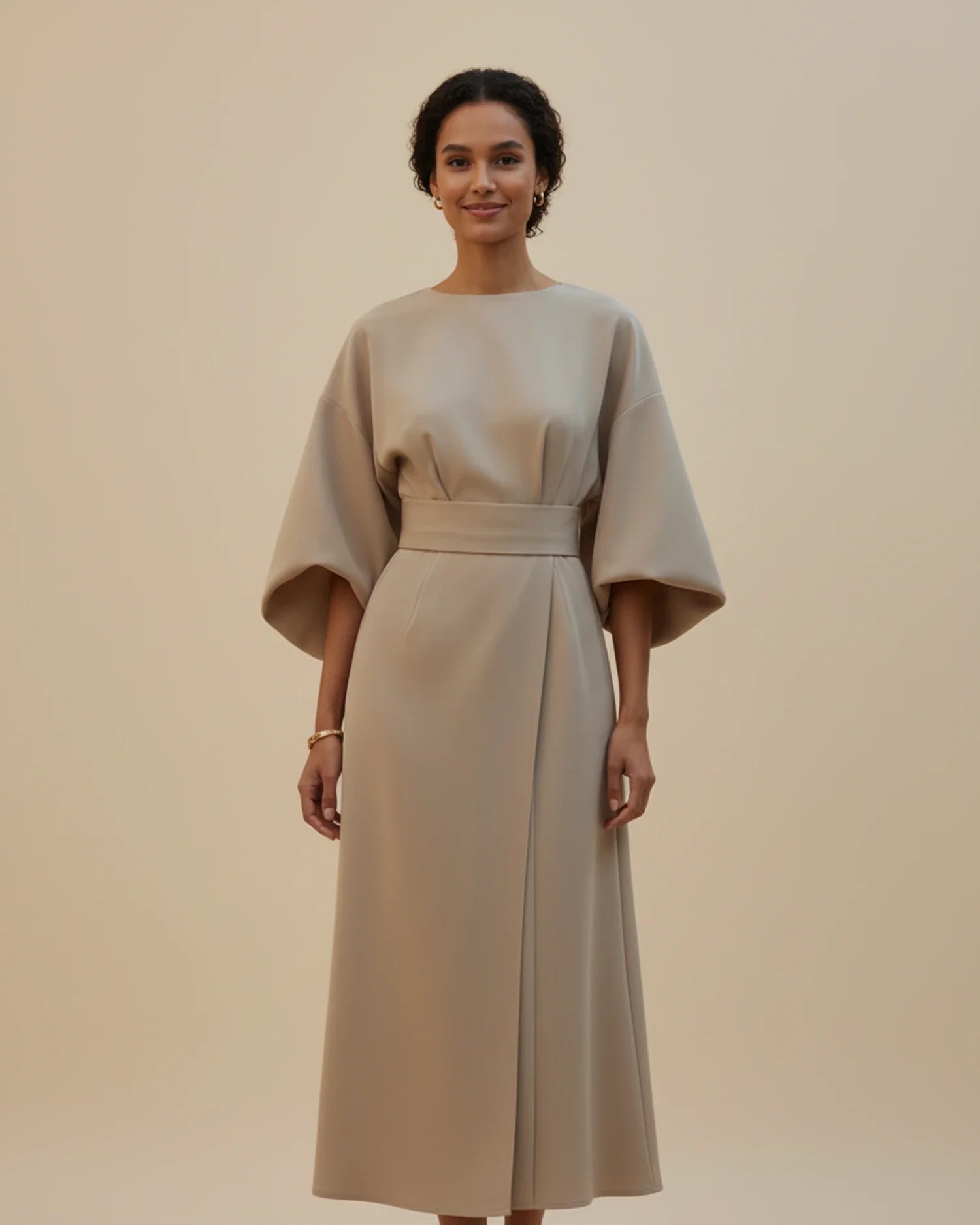 Black Balloon Sleeve Wrap Midi Dress | Elegant Evening Style - View 4