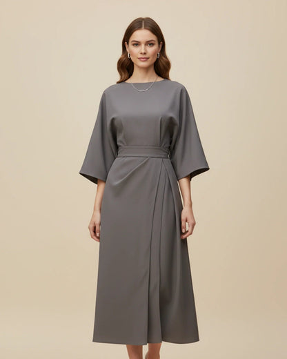 Black Balloon Sleeve Wrap Midi Dress | Elegant Evening Style - View 5