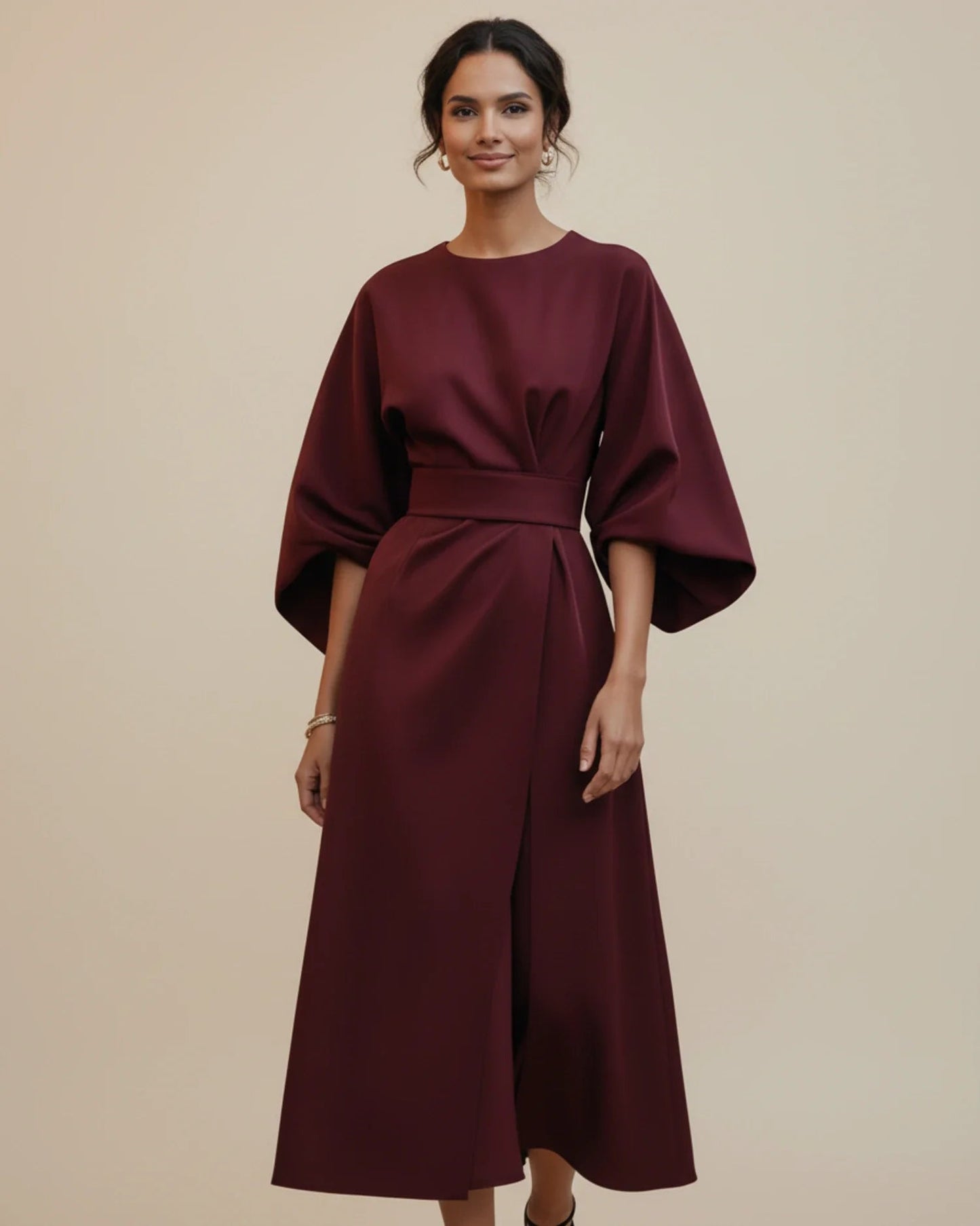 Black Balloon Sleeve Wrap Midi Dress | Elegant Evening Style - View 7