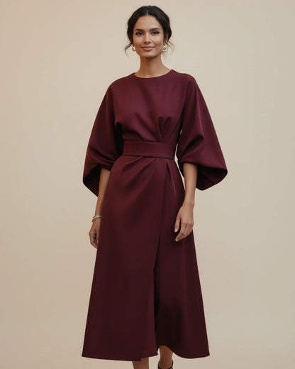 Black Balloon Sleeve Wrap Midi Dress | Elegant Evening Style - View 7