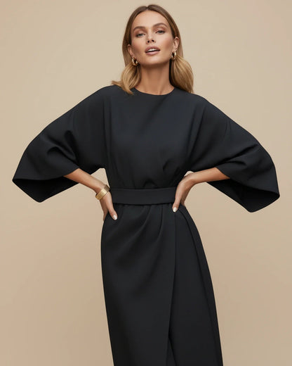 Black Balloon Sleeve Wrap Midi Dress | Elegant Evening Style - View 8
