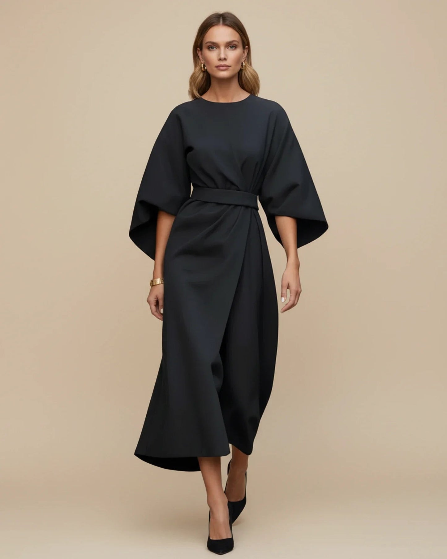 Black Balloon Sleeve Wrap Midi Dress | Elegant Evening Style - View 9