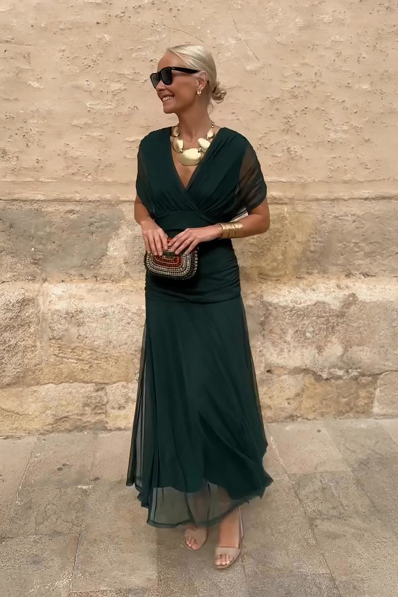 Elegant V-Neck Maxi Dress | Flowing Cape Sleeve Gown - View 1