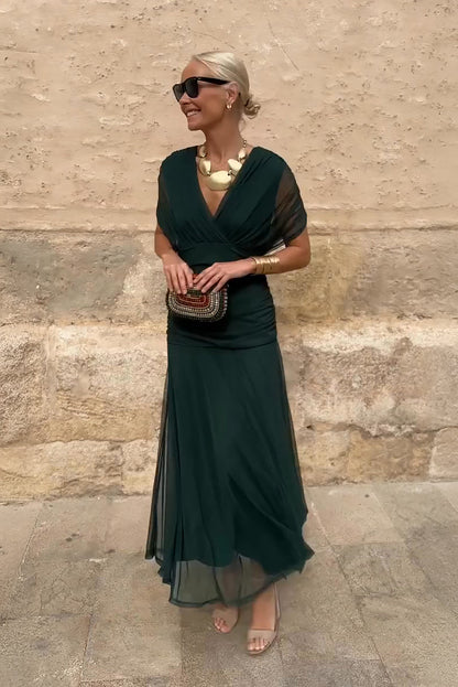 Elegant V-Neck Maxi Dress | Flowing Cape Sleeve Gown - View 1