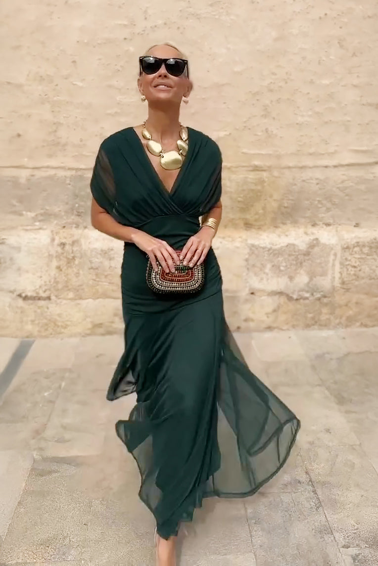 Elegant V-Neck Maxi Dress | Flowing Cape Sleeve Gown - View 2