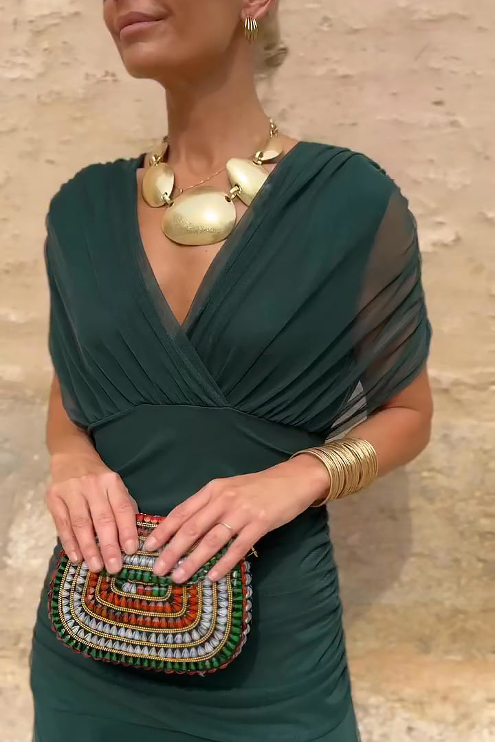 Elegant V-Neck Maxi Dress | Flowing Cape Sleeve Gown - View 3
