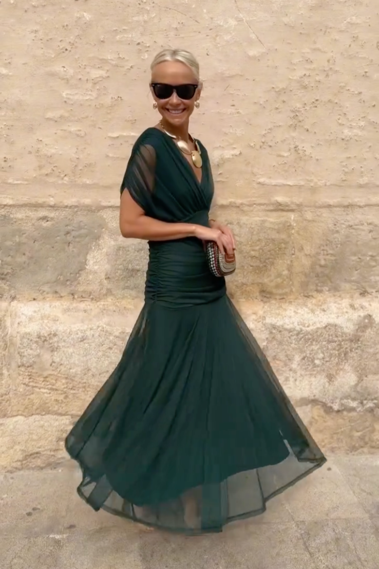 Elegant V-Neck Maxi Dress | Flowing Cape Sleeve Gown - View 4