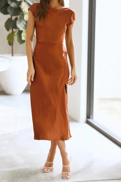 Elegant Boat Neck Midi Dress | Sophisticated Side Slit - View 2