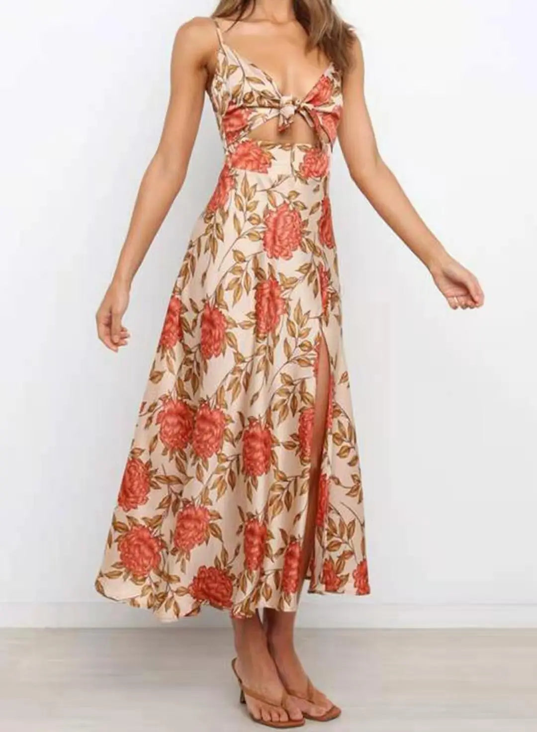 Floral Print Midi Dress | Elegant Tie-Front Cutout Design - View 3