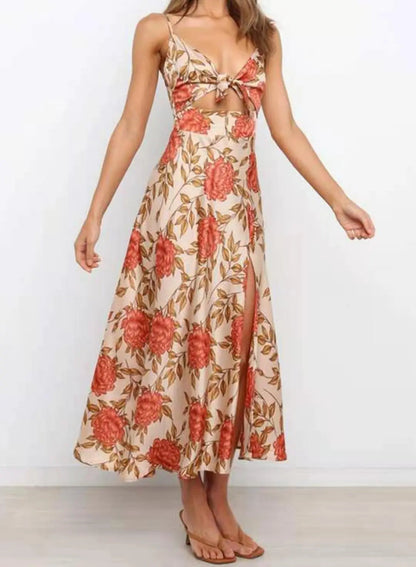 Floral Print Midi Dress | Elegant Tie-Front Cutout Design - View 3