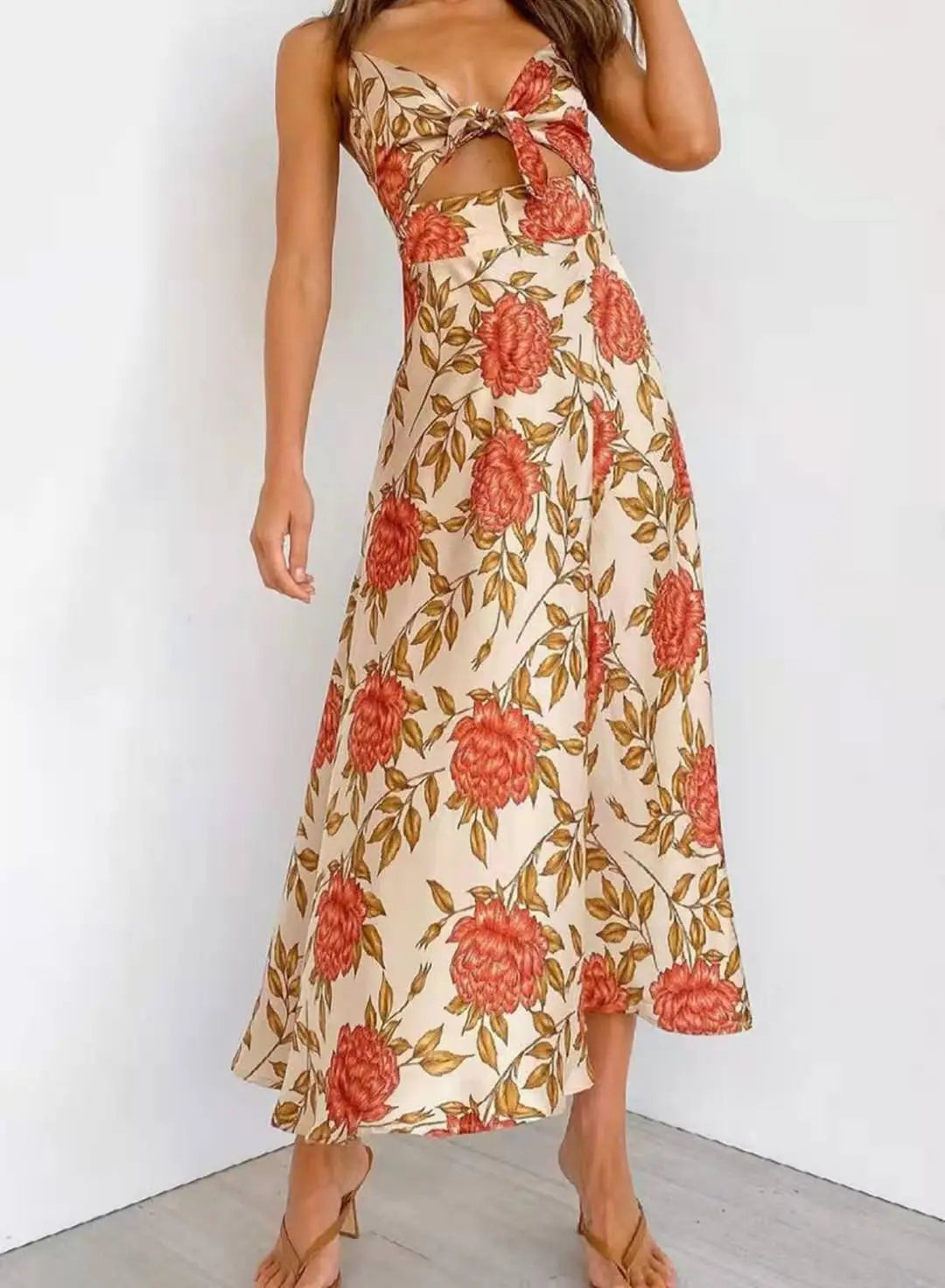 Floral Print Midi Dress | Elegant Tie-Front Cutout Design - View 4