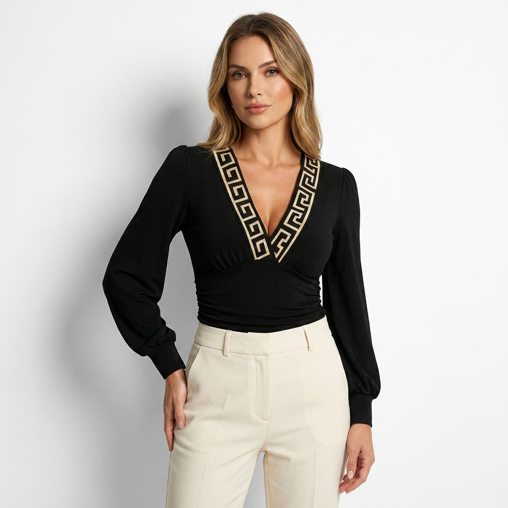 Chic V-Neck Long Sleeve Top | Sophisticated Soft Stretch Fit - View 15