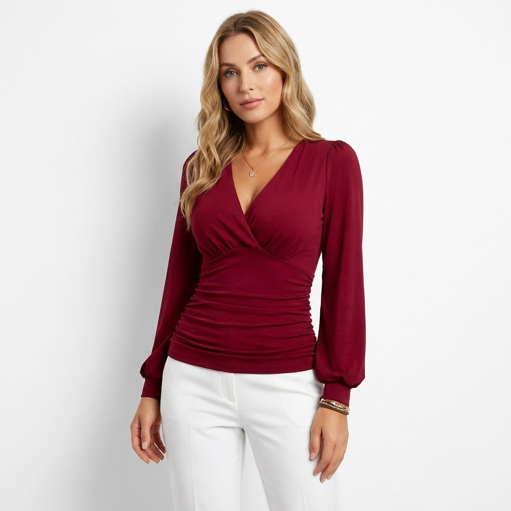 Chic V-Neck Long Sleeve Top | Sophisticated Soft Stretch Fit - View 3