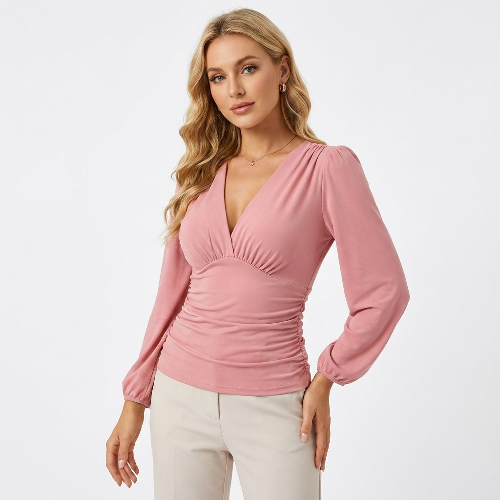 Chic V-Neck Long Sleeve Top | Sophisticated Soft Stretch Fit - View 5