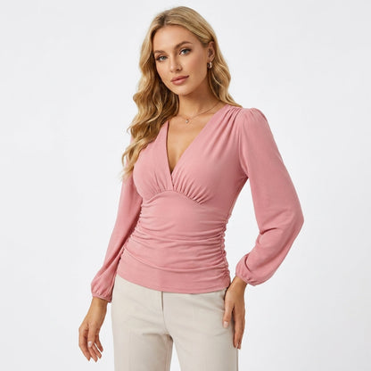 Chic V-Neck Long Sleeve Top | Sophisticated Soft Stretch Fit - View 5