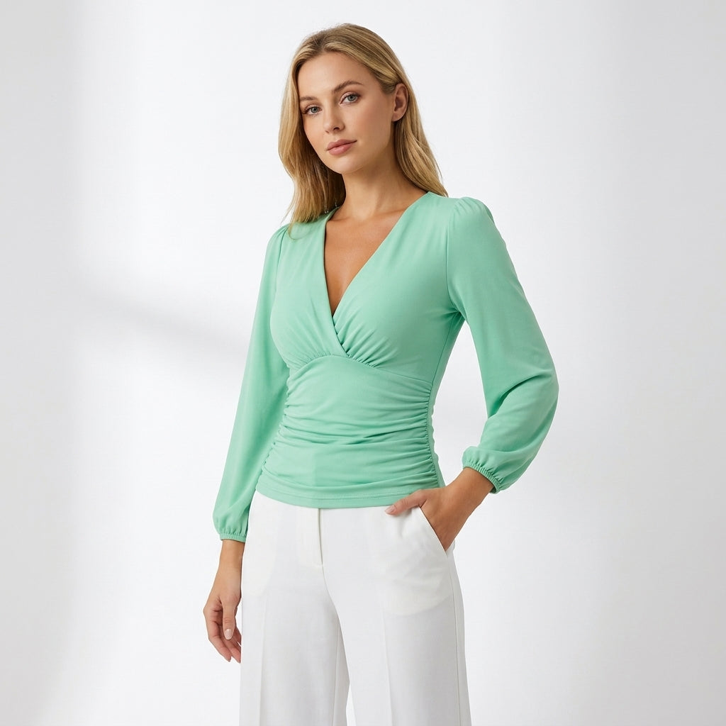 Chic V-Neck Long Sleeve Top | Sophisticated Soft Stretch Fit - View 7