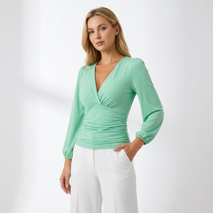 Chic V-Neck Long Sleeve Top | Sophisticated Soft Stretch Fit - View 7