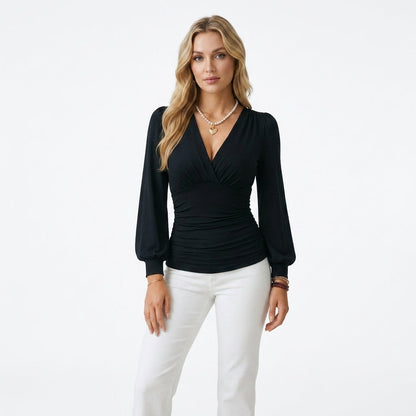 Chic V-Neck Long Sleeve Top | Sophisticated Soft Stretch Fit - View 8