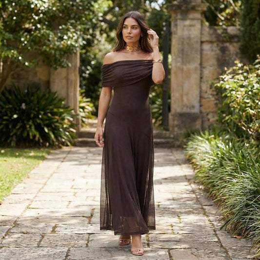 Elegant Off-Shoulder Maxi Dress | Sophisticated Chiffon Gown - View 1