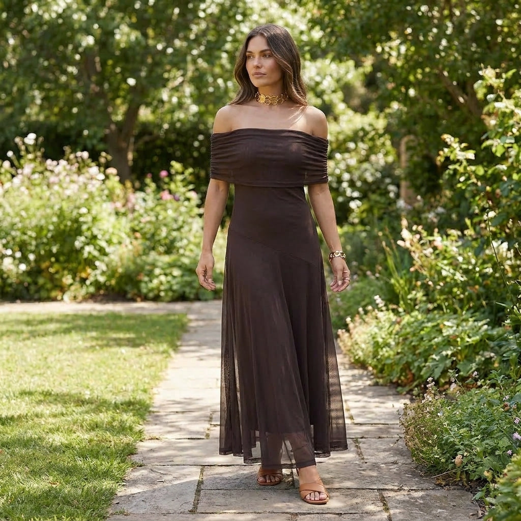 Elegant Off-Shoulder Maxi Dress | Sophisticated Chiffon Gown - View 2