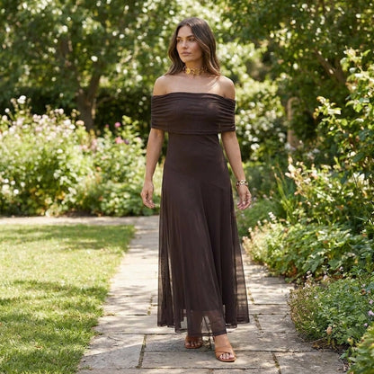 Elegant Off-Shoulder Maxi Dress | Sophisticated Chiffon Gown - View 2