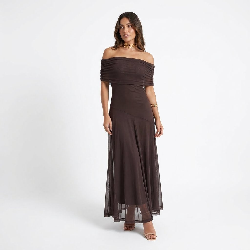 Elegant Off-Shoulder Maxi Dress | Sophisticated Chiffon Gown - View 3