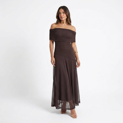 Elegant Off-Shoulder Maxi Dress | Sophisticated Chiffon Gown - View 3