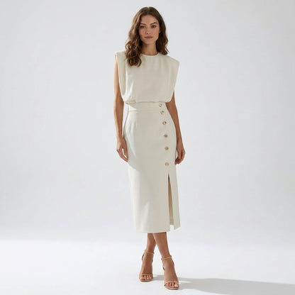 Tailored Sleeveless Midi Dress | Elegant Side Button Detail - View 4