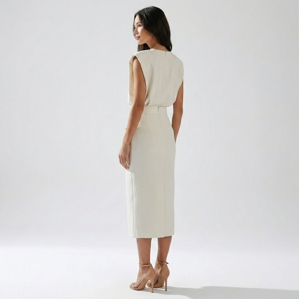 Tailored Sleeveless Midi Dress | Elegant Side Button Detail - View 5