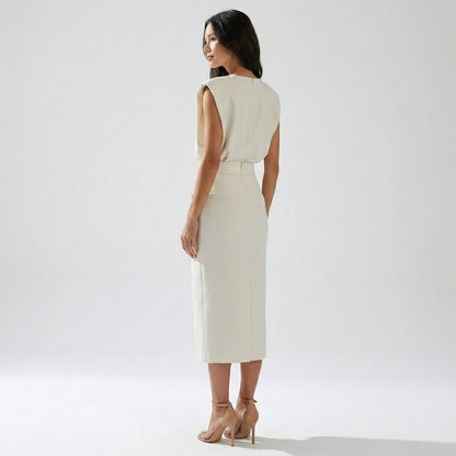 Tailored Sleeveless Midi Dress | Elegant Side Button Detail - View 5