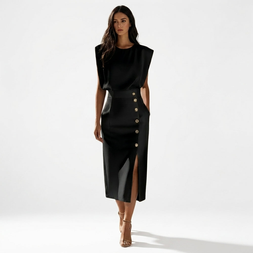 Tailored Sleeveless Midi Dress | Elegant Side Button Detail - View 7