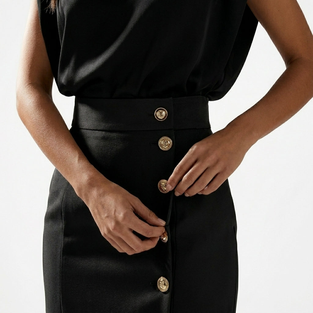 Tailored Sleeveless Midi Dress | Elegant Side Button Detail - View 8