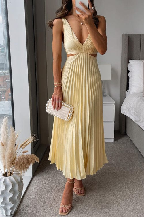 Elegant Pleated Midi Dress | Chic V-Neck Silhouette - View 1