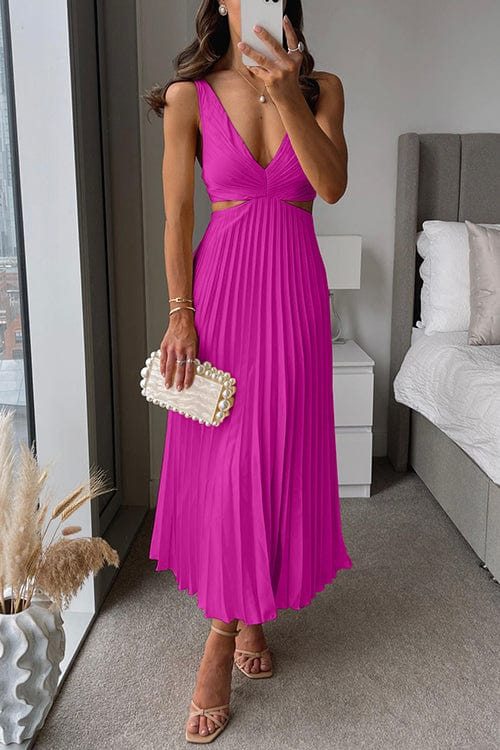 Elegant Pleated Midi Dress | Chic V-Neck Silhouette - View 3