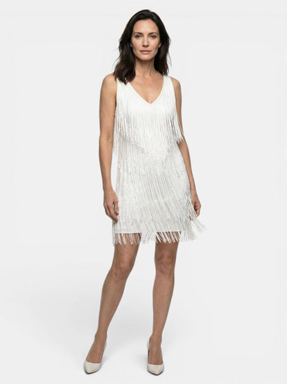 Chic V-Neck Fringe Dress | Elegant Cocktail Mini Dress - View 3