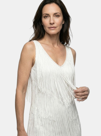 Chic V-Neck Fringe Dress | Elegant Cocktail Mini Dress - View 4