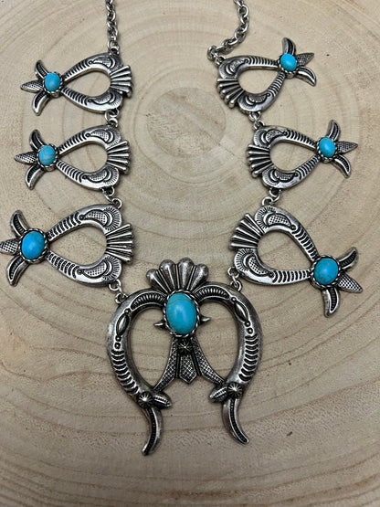 Squash Blossom and Faux Turquoise & Earring Set - 24 inch necklace