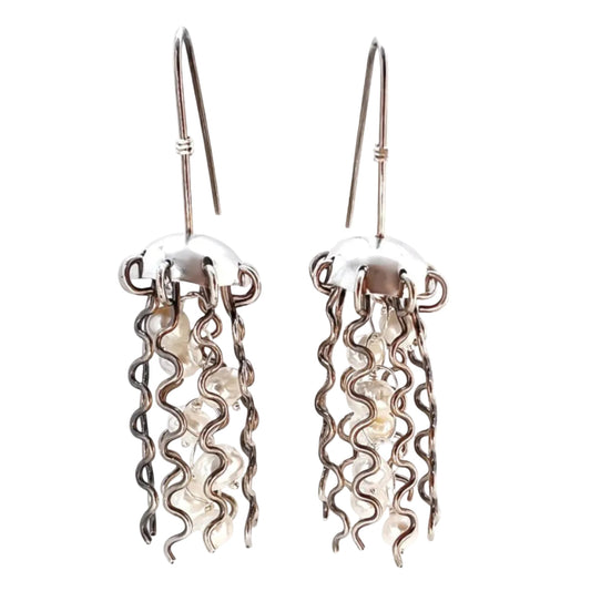 Sterling Silver Jellyfish Earrings with White Pearls