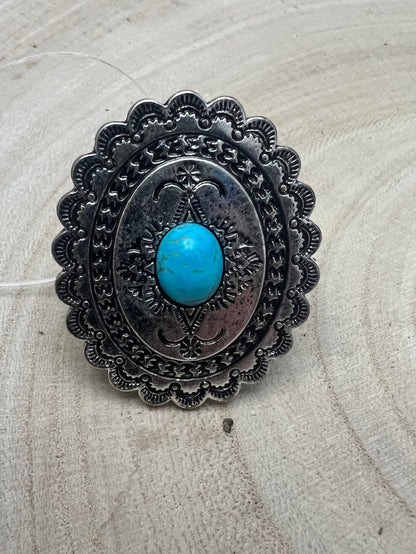 Western Concho and Faux Turquoise Stretch Ring - Statement Size
