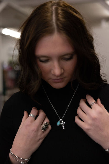 Western Rhinestone Cross and Faux Turquoise Dangle Necklace - 18 inch + 3